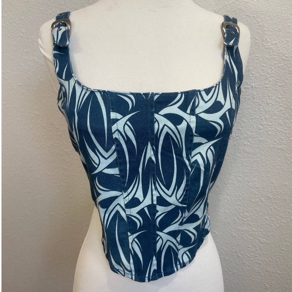 NWOT Barbed Wire Print Denim Corset with Buckle Straps
